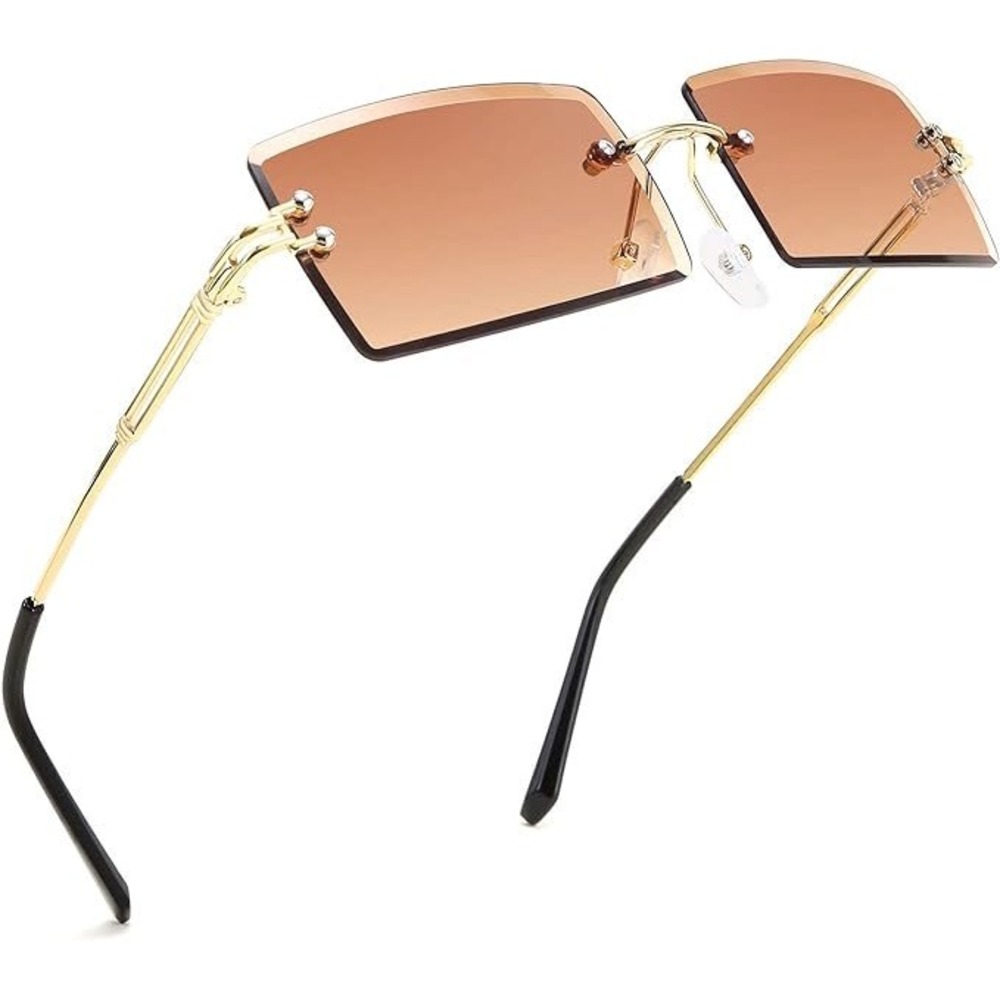 Rimless Sunglasses Rectangle Brown Gradient Lens Gold Frame Fashion Eyewear